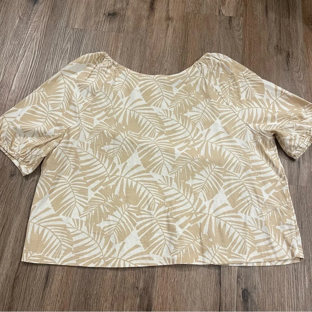 LOFT Palm Puff Sleeve Top Women’s XL Neutral Linen Blend Tropical Coastal Beach